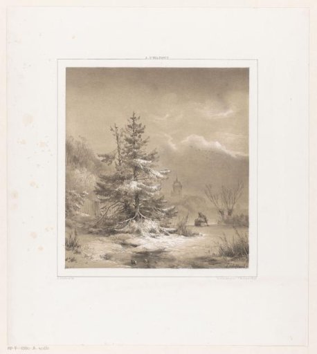 Winter landscape with coniferous trees and a man with a sled