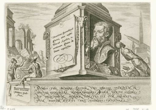 Portrait of Maarten van Heemskerck on the pedestal of a column