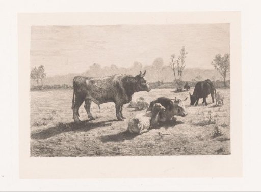 Pastoral landscape with cows and sheep