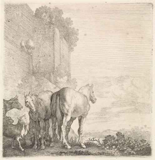 Two Horses with Goats and a Cow by a High (City) Wall