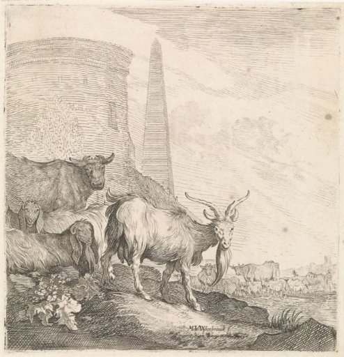 Goats and Cows by a Round Tower with an Obelisk