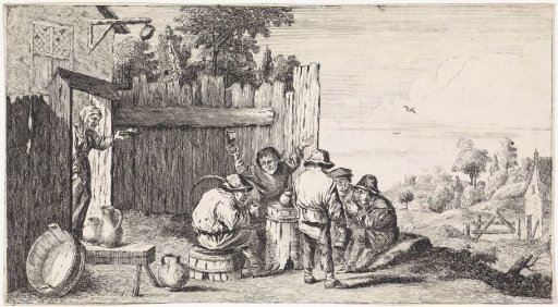 Five peasants around a barrel
