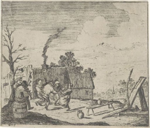 Dancing peasants to the music of two musicians
