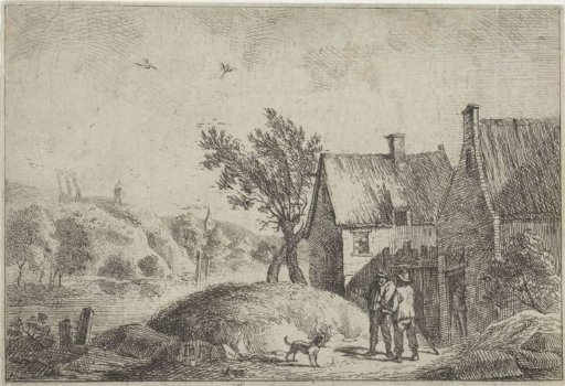 Two men with a dog in a landscape