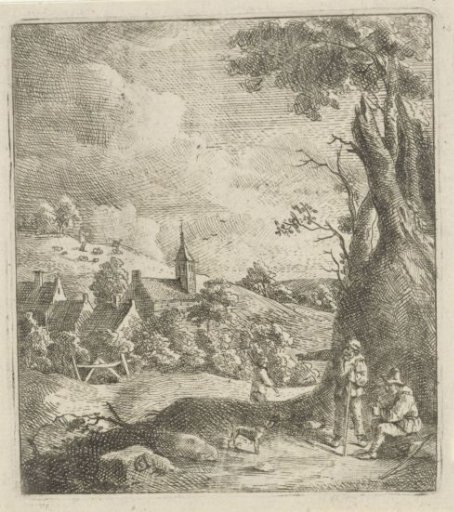Landscape with a village and two men by a tree
