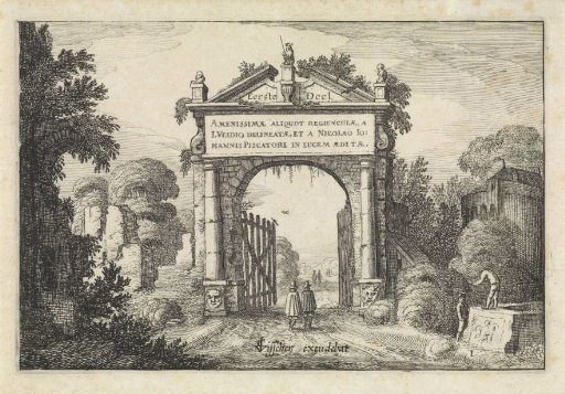 Figures by a gate in a landscape