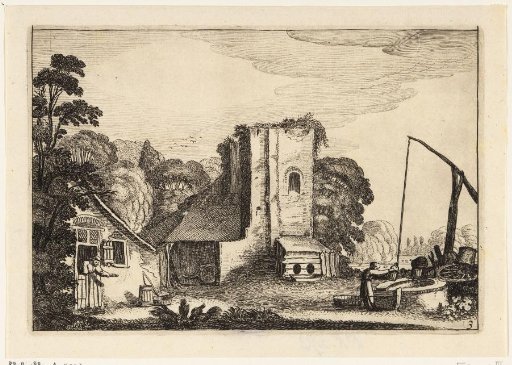 Figures by a well and a farmhouse, near a ruin