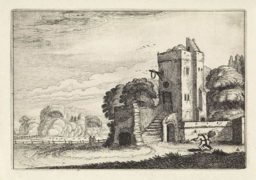 Figures with a birdcage near a tower in a landscape