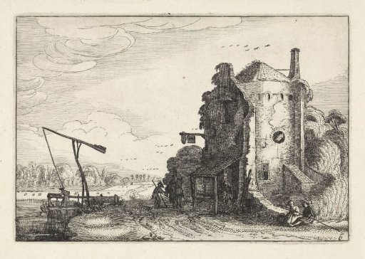 Figures by an inn in a round tower