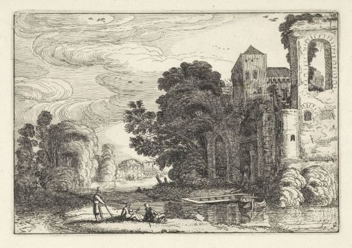Figures by a castle near a river