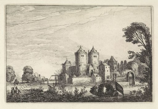 Figures in a pleasure boat near a castle
