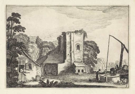 Figures by an inn at evening
