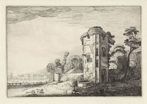 Shepherd by a tower with a well