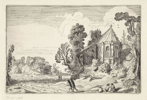 Figures on a country road near a church ruin