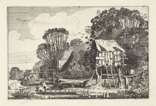 Anglers in a boat near a dovecote