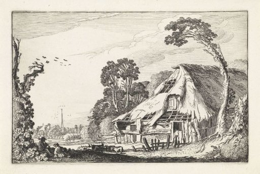 Figures at a dilapidated barn