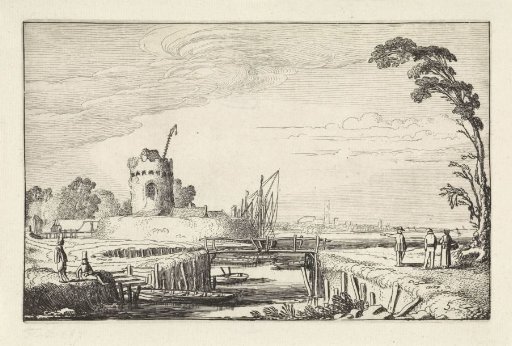 Figures at a harbor and a tower