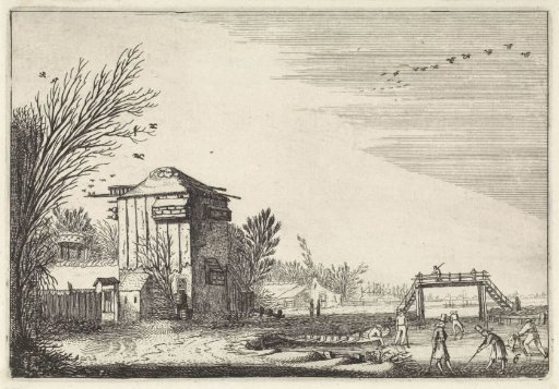 Kolf players on the ice near a dovecote