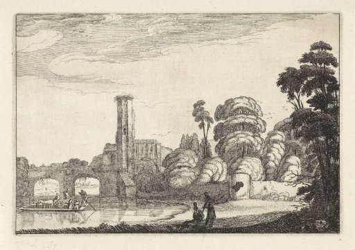 Ferry near a bridge and a ruin
