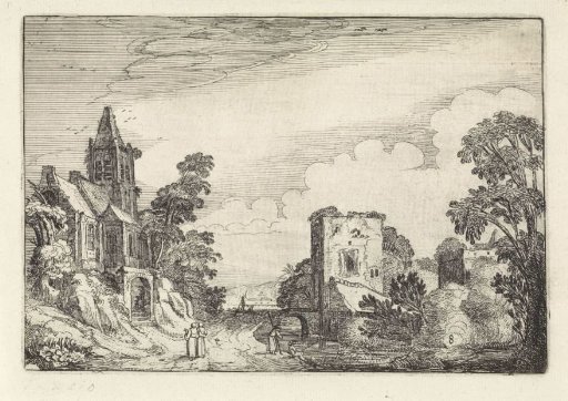 Tower and a church in a landscape