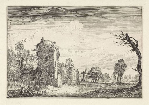 Hunters with dogs near a tower in a landscape