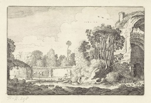Man with a dog near a ruin