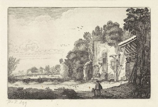 Woman with child near the ruin of a house