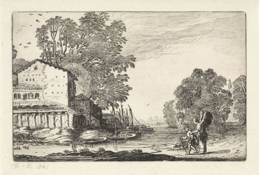 Tobias and the angel in a landscape with a ruin