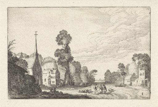 Figures and cattle in a village with a church
