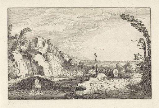 Covered wagon on a path in a mountainous river landscape