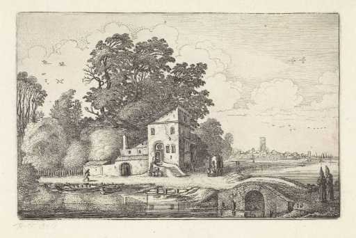 House by a stone bridge in a river landscape