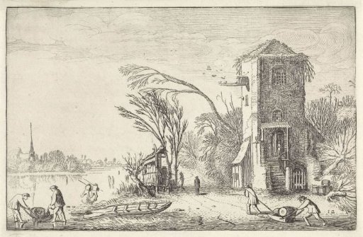 Figures in a winter landscape with a tower