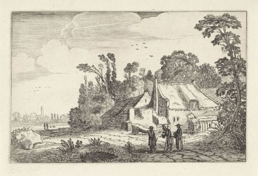 Figures on a country road near a farmhouse