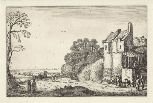 Figures near a house and covered wagons on a country road