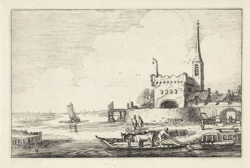 Ferry with Livestock by a Fort in a River Landscape