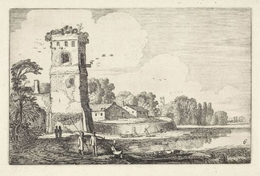 Bridge with sheep near a tower in a river landscape