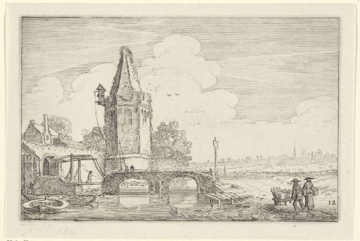 Landscape with a tower and a bridge over the Niers river