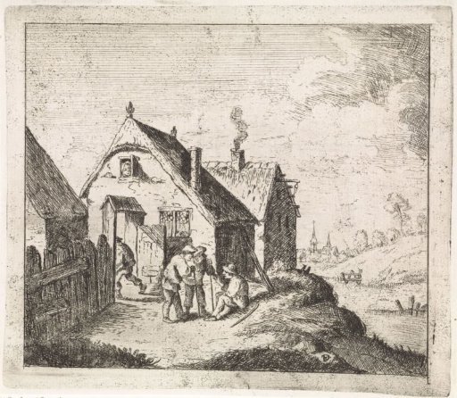 Three men in conversation at a house
