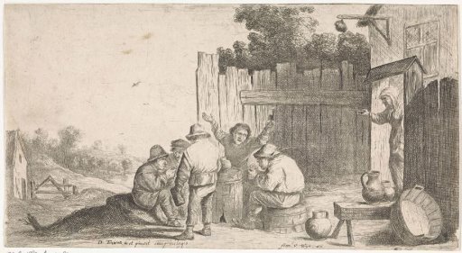 Five peasants around a barrel