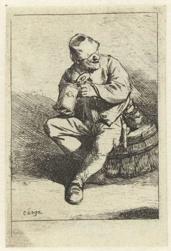 Man seated on cask with jug in hands