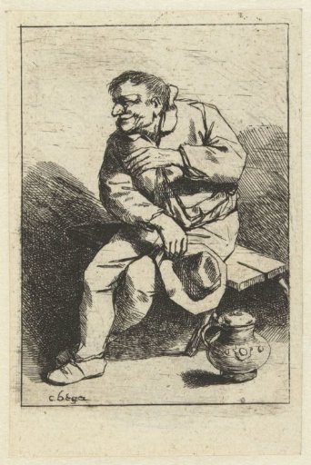 Seated man with hat in hand, jug on the ground