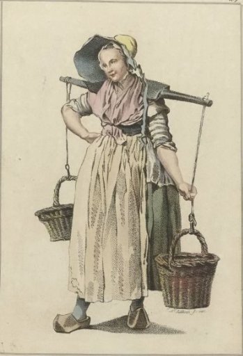 Peasant woman with two baskets on a yoke