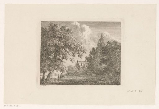 Landscape with a man in conversation with a man on a donkey in the foreground, a farm in the background