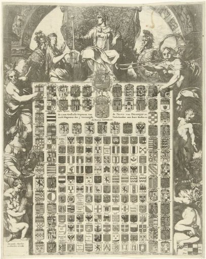 Family coats of arms of Prince William III in an allegorical frame