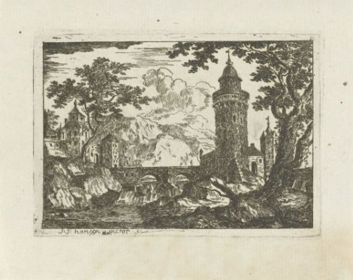 Tower and stone bridge in a mountain landscape