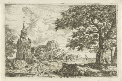 Fishermen near a church on a coast