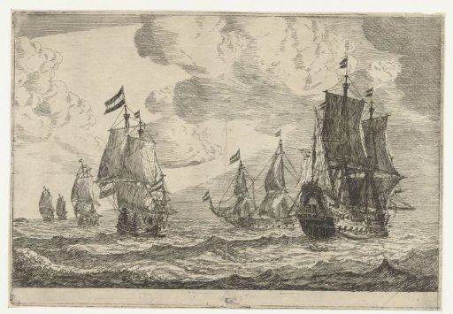 Six sailing ships on the open sea