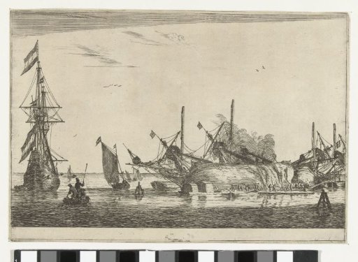 Caulking the hulls of two ships