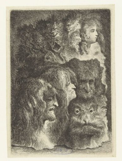 Eight different heads of men, women, animals and mascarons