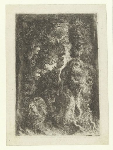 Fourteen different heads of men, women, animals and mascarons